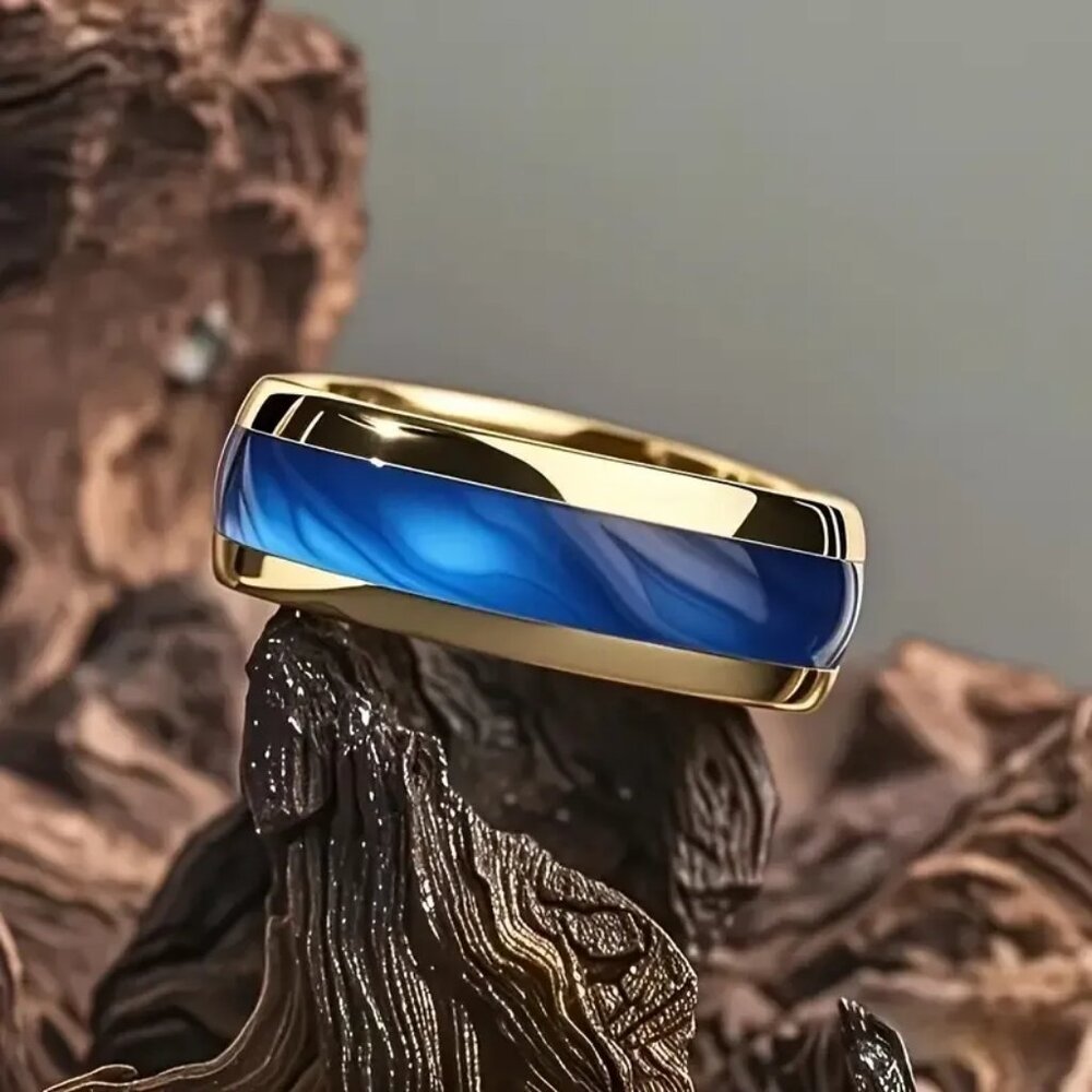 Tungsten Steel Men's High Polished Blue Marble gold plated rims